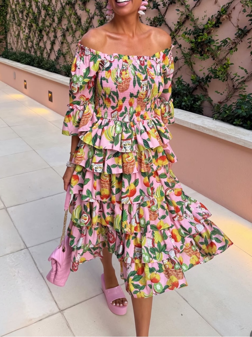 Ivy City Co 100% Cotton Fruit Ruffle Midi Dress XS